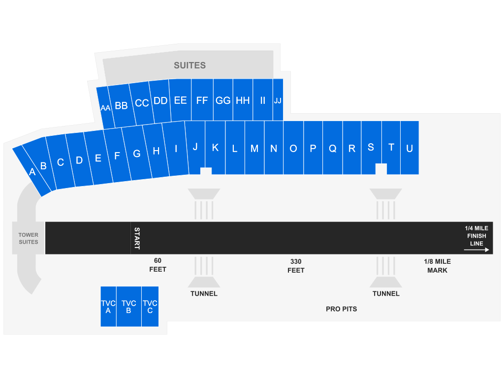 Venue seating chart for NHRA : National Hot Rod Association for reference only